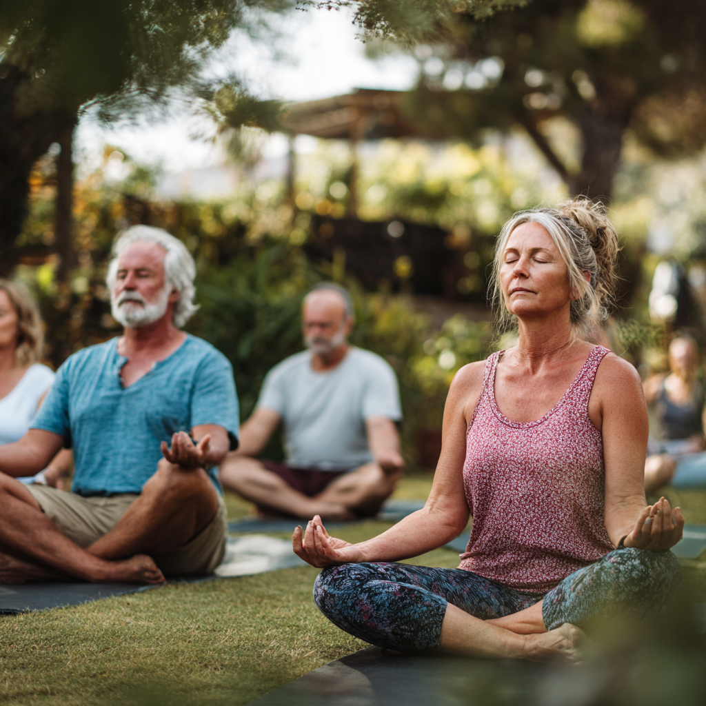 Group of middle-aged people enjoying outdoor yoga session in peaceful garden